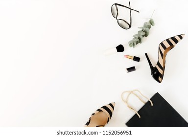 Fashion Background Top View.handbag, Sunglasses, High Heel Shoes And Cosmetics On White Background.  Flat Lay Of Female Fashion Accessories.Copy Space