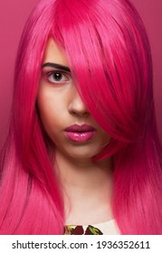 Fashion And Beauty Concept: Beautiful Fashionable Model Female With Pink Hair, Close Up Portrait