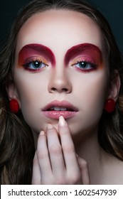 Fashion Beauty Portrait Of Model With Modern Vogue Trendy Make Up, Magazine Editorial Ready, Close Up Red Eye Shadows And Lipstick, N Studio 