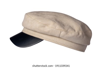 Fashion Beige Hat With Black Visor Isolated On White Background.cap Female. Colored Hat .