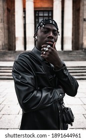  Fashion Black Man Walking On Street. Fashionable Portrait Of African American Male Model. Street Style