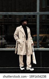  Fashion Black Man Walking On Street. Fashionable Portrait Of African American Male Model. Street Style