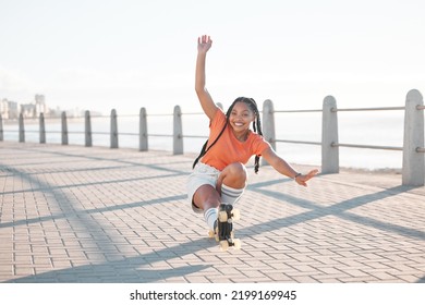Fashion black woman, roller skating or fun by beach, sea or ocean brick street in Miami, Florida. Portrait of smile, happy or playful student with trend, style or cool clothes in freedom sports stunt