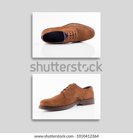 Fashion blog look. Pastel colorful men shoes on white background. 
