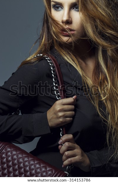 Fashion Blonde Girl Holding Burgundy Handbag Stock Photo Edit Now