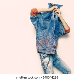 Fashion Blue Denim Clothes. Stylish Model Tomboy Hipster Fashion Urban Style