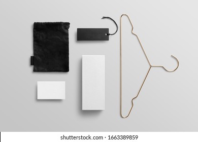 Fashion Branding Blank Mockup Scene To Place Your Design, Includes Packages, Tags, Labes, Pouch, Hanger, Box. Top View On White Background.