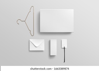 Fashion Branding Blank Mockup Scene To Place Your Design, Includes Packages, Tags, Labes, Envelope, Hanger, Boxes. Top View On White Background.