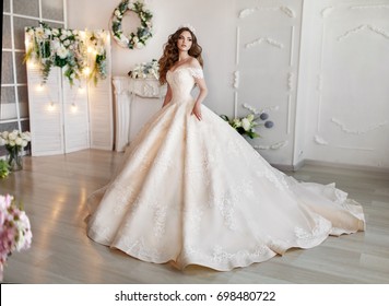 Fashion bride in gorgeous wedding dress studio portrait. Beautiful model girl with bridal makeup and hairstyle in marriage lace dress. Luxury fashion wedding dress on beauty lady