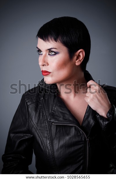 Fashion Brunette Woman Dressed Leather Jacket Stock Photo Edit