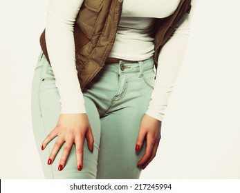 Fashion Casual Style. Part Of Body, Female Hips. Sexy Plus Size Woman In Jeans Studio Shot.