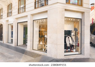 Fashion clothing storefront facade and windows mockup for your own branding
