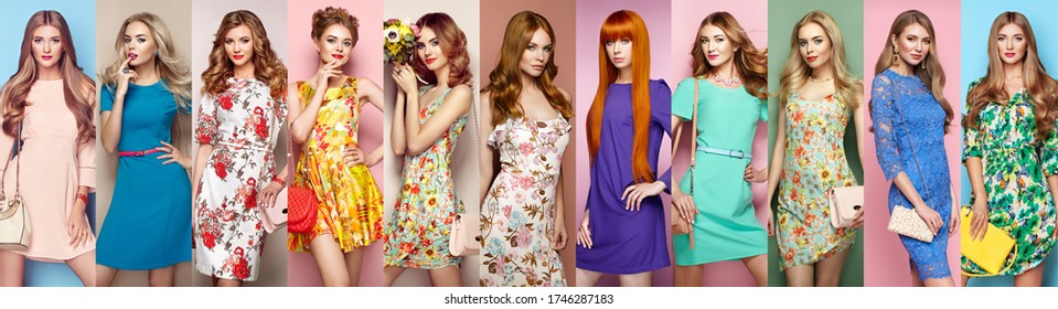 Fashion Collage. Group Of Beautiful Young Women. Blonde Young Woman In Floral Spring Summer Dress. Girl Posing. Summer Floral Outfit. Stylish Wavy Hairstyle. Fashion Photo