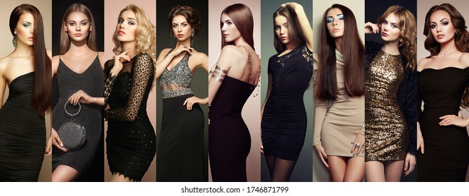 Fashion collage. Group of beautiful young woman. Sensual girls posing in studio. Lady in elegant dresses. Collage photo
