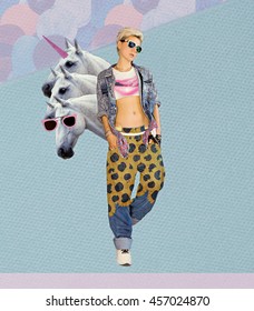 Fashion Collage Magazine.The Farm my Dreams. Blonde in Stylish Denim Clothing.