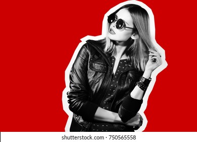 Fashion Collage In Magazine Style Of Young Hipster Woman In Sunglasses. Black Leather Jacket, Red Background.