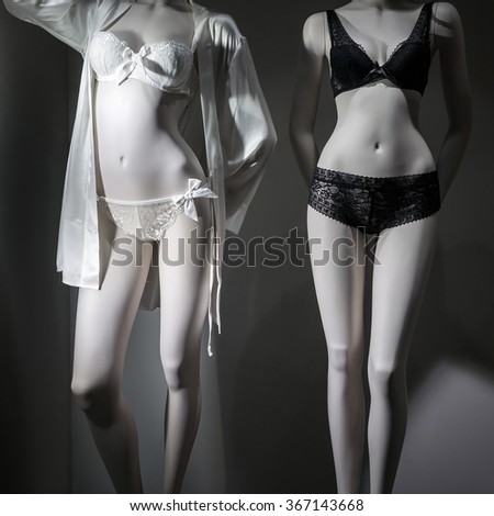 Fashion concept. Photo of two elegant female mannequins showing underwear.