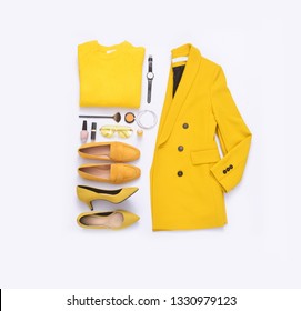 Fashion Concept- Women's Casual Yellow Clothes With Accessories Items On White White Background
