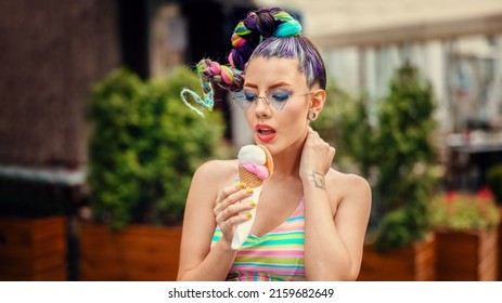 Fashion Cool Girl Eating Ice Cream On Street During Summer Vacation