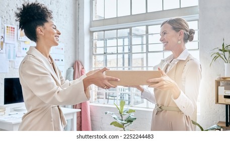 Fashion delivery, store box or woman giving stock product for commercial distribution, courier shipping or export. Logistic, retail package container or diversity people work in supply chain industry - Powered by Shutterstock