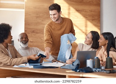 Fashion, design and ideas, team at workshop for pattern and fabric textures for clothes for luxury brand. Creative business, manufacturing and teamwork, men and women in brainstorming pitch in office - Powered by Shutterstock