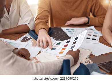 Fashion, design and planning, team in meeting with ideas for color and texture for clothes for luxury brand. Creative business, designer boutique teamwork and staff brainstorming creativity in office - Powered by Shutterstock