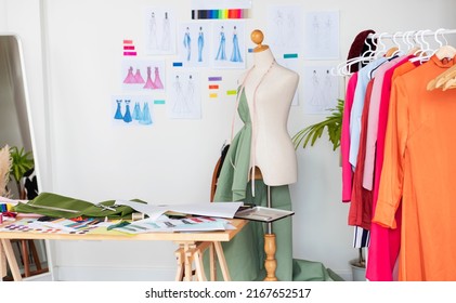 fashion design studio for sewing and cutting clothes, designer clothes, manufacturing, craft product.