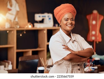 Fashion, designer and african or black woman in portrait for small business startup, creative career or textile industry in a workshop studio. Fabric, manufacturing and retail clothes of proud woman - Powered by Shutterstock