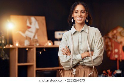 Fashion, designer and black woman at night for small business startup, creative inspiration and manufacturing process portrait. Happy woman, design tape and clothes boutique in dark workspace studio - Powered by Shutterstock