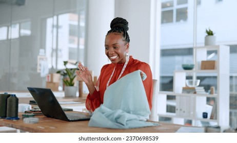 Fashion, designer and black woman on video call on laptop with fabric, pattern and material for client. Communication, workshop and person on computer for creative startup, small business or boutique - Powered by Shutterstock