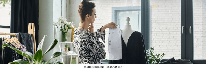 A fashion designer examines patterns while surrounded by vibrant textiles in a creative studio. - Powered by Shutterstock