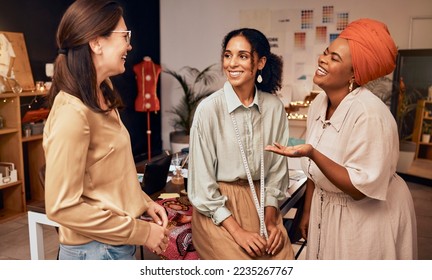 Fashion, designer and friends with women in workshop on break for manufacturing, idea or creative. Collaboration, team work and happy with group happiness in tailor, boutique or clothes industry - Powered by Shutterstock