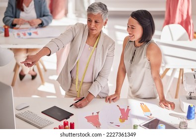 Fashion, designer and manager on computer, design drawing or sketch for planning, consulting and teamwork in workshop. Asian and mature women collaboration, support and talking about retail sale - Powered by Shutterstock