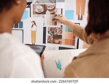 Fashion designer, planning and creative people for sketch, color palette and branding choice on moodboard. Artist clothes, production teamwork and employees with illustration or drawing for ecommerce