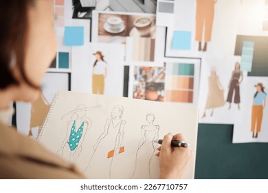 Fashion designer, planning and creative woman sketch, color palette and illustration inspiration from moodboard. Artist clothes, production design and asian worker or person with drawing development - Powered by Shutterstock