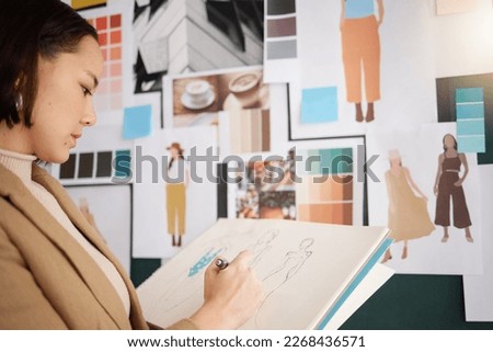 Fashion designer, planning and woman drawing creative sketch, color and ideas from moodboard. Clothes, production design and asian worker or person with palette for illustration development work