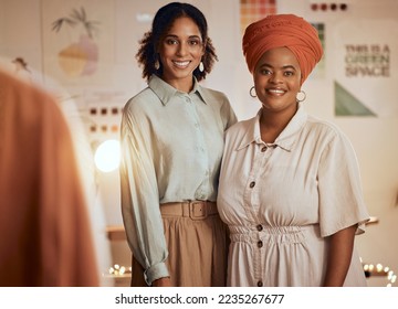 Fashion, designer and portrait of women team in workshop studio for small business startup, creative or fabric manufacturing career. Clothes production, color supplier and partnership of black woman - Powered by Shutterstock