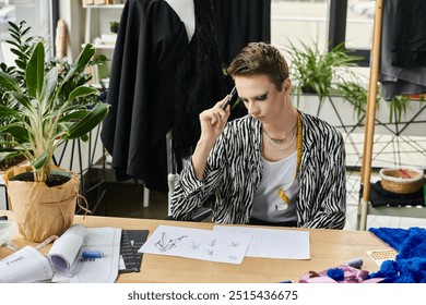 A fashion designer thoughtfully sketches innovative designs while surrounded by materials and plants. - Powered by Shutterstock