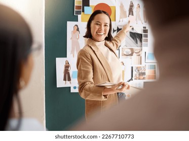 Fashion designer, woman creative presentation and meeting business proposal, entrepreneur moodboard or portfolio. Artist or asian person speaking to clients for clothes, sketch or illustration ideas - Powered by Shutterstock