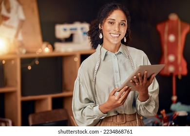 Fashion designer, woman and tablet in in retail studio, manufacturing workshop or small business. Portrait, smile and happy seamstress with digital technology for clothing ideas, innovation or vision - Powered by Shutterstock