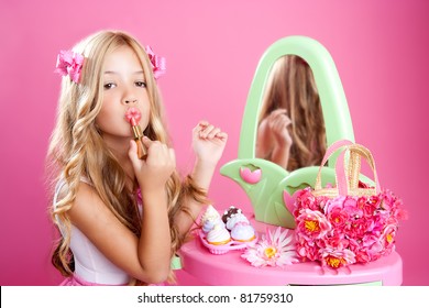 Fashion Doll Girl With Lipstick Makeup In Pink Vanity