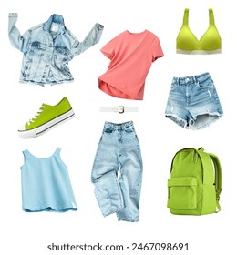 Fashion female clothes set, outfit,summer clothing collection isolated on white. Collage of trendy garment.Sport's wear. - Powered by Shutterstock