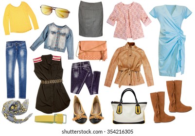 Fashion Female Set Clothes Isolated On White. Collage Of Women Spring Summer Casual Clothing.