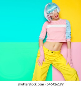 Fashion Fitness Girl Creative Pop Art Style. Minimal Design Fashion Sweet Colors