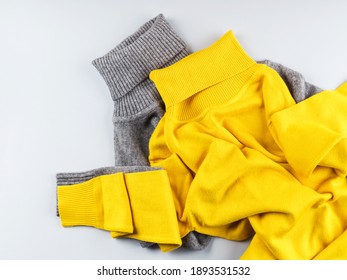 Fashion Flat Lay Gray Yellow Turtle Neck Match. Lady Fashion Winter Autumn Cozy Flat Lay In Trendy Colors.