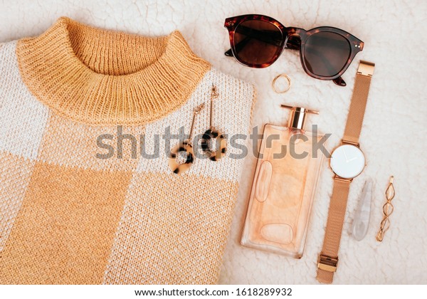 Fashion Flatlay Beige Sweater Perfume Bottle Stock Photo (Edit Now ...