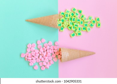 Fashion Food Set Of Ice Cream Cone With Heart And Clover Shaped Marshmallows On Top , Minimalistic Design. Contrast Ying Yang Style.