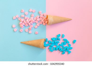 Fashion Food Set Of Ice Cream Cone With Heart And Moon Shaped Marshmallows On Top, Minimalistic Design. Contrast Ying Yang Style.