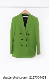 Fashion Formal Green Suit, Jacket Closeup On Hanger