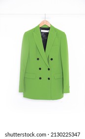 Fashion Formal Green Suit, Jacket Closeup On Hanger